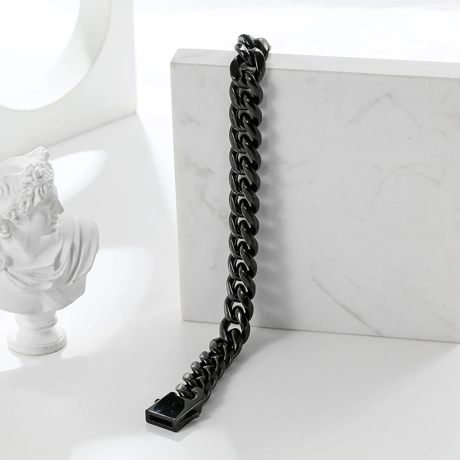 FAMARINE Stainless Steel Cuban Link Chain Bracelets for Men 8/9 Inches, Square Box Buckle Miami Silver Cuban Link Chain Bracelet
