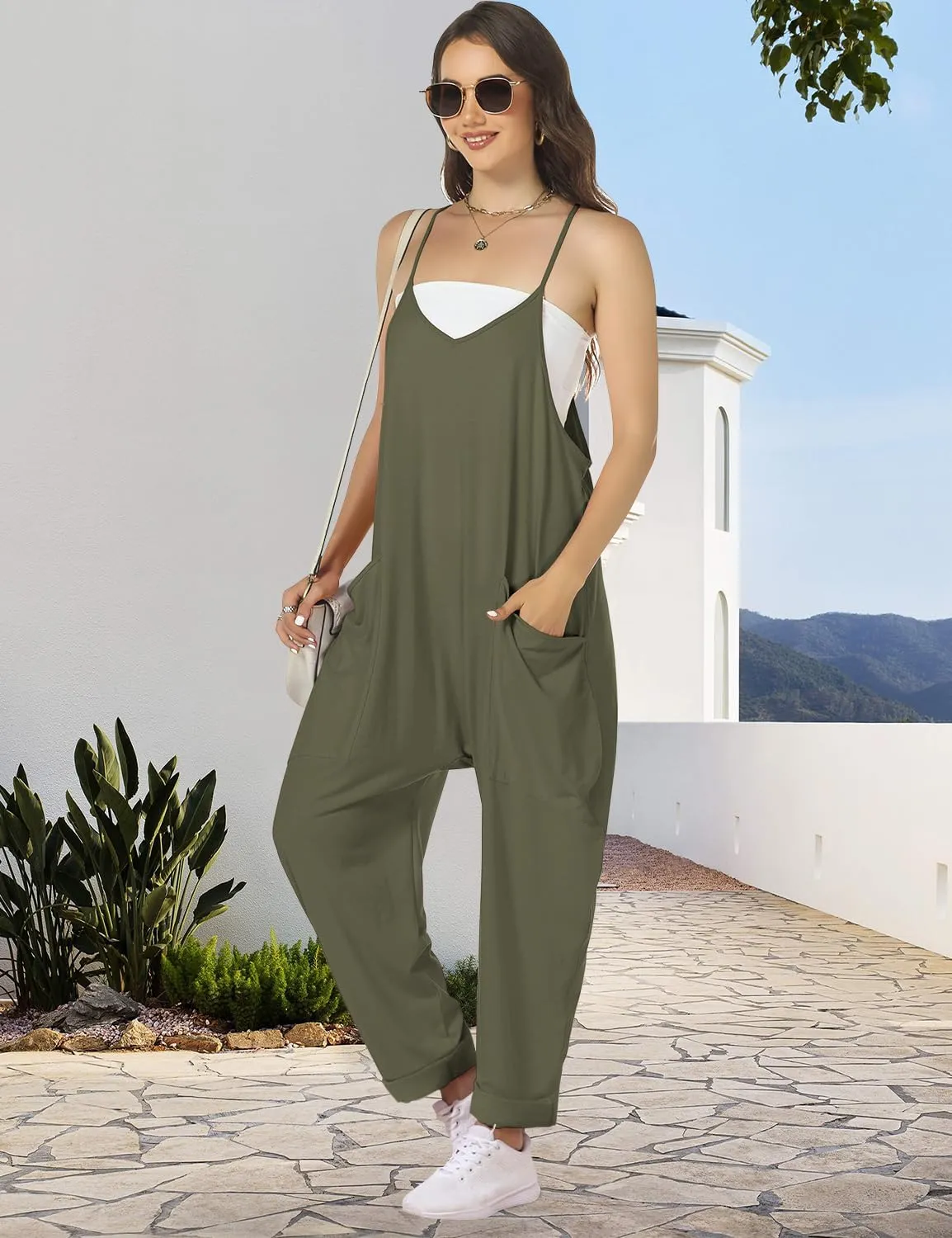 FANCYINN Women's Jumpsuits Summer Sleeveless V Neck Adjustable Spaghetti Straps Jumpers Loose Harem Rompers With Pockets