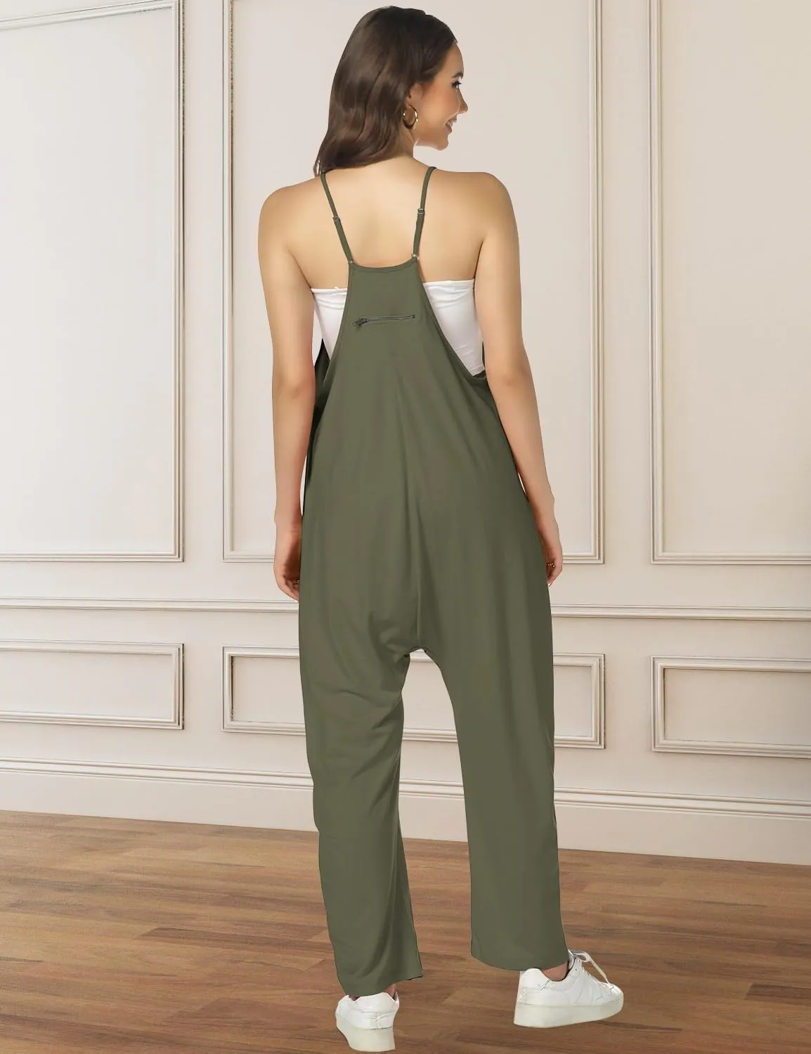 FANCYINN Women's Jumpsuits Summer Sleeveless V Neck Adjustable Spaghetti Straps Jumpers Loose Harem Rompers With Pockets