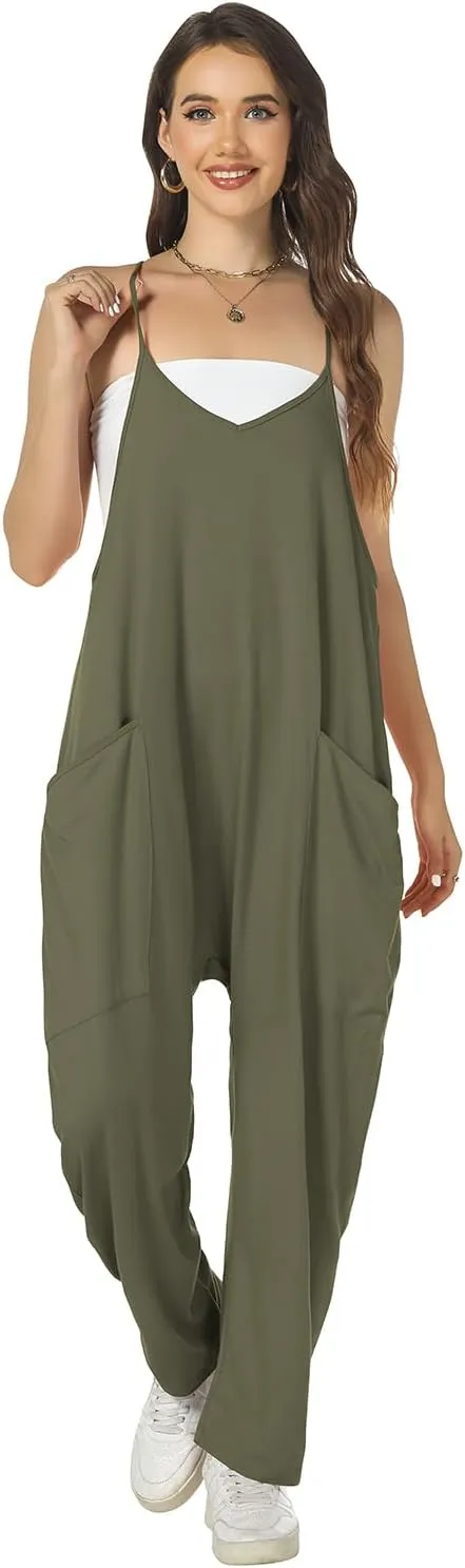 FANCYINN Women's Jumpsuits Summer Sleeveless V Neck Adjustable Spaghetti Straps Jumpers Loose Harem Rompers With Pockets