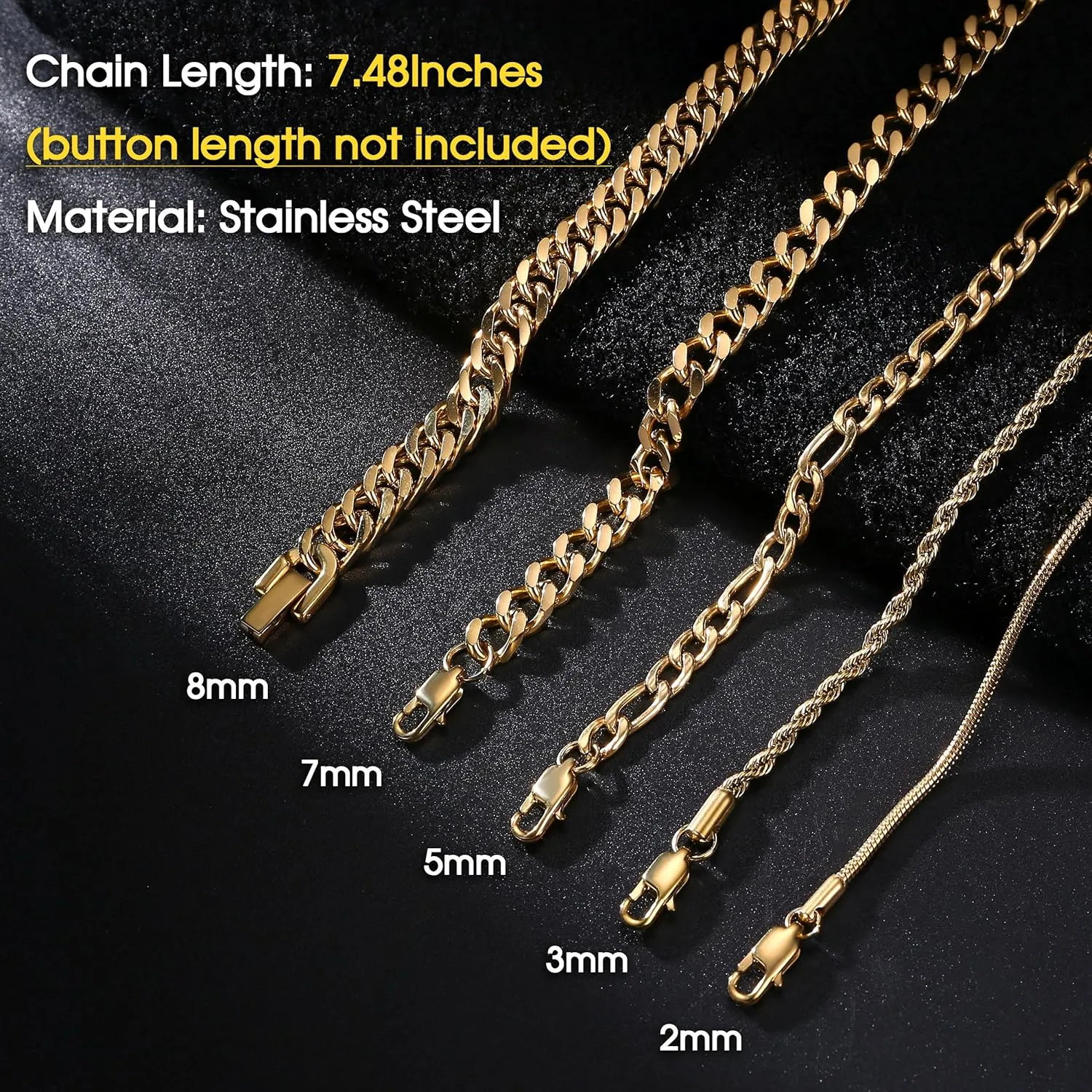 Fansilver 5 Pcs Stainless Steel Mens Bracelet Gold Silver Cuban Link Rope Figaro Cuban Chain Bracelets for Men Women 7.48/8.07/8.26 inches