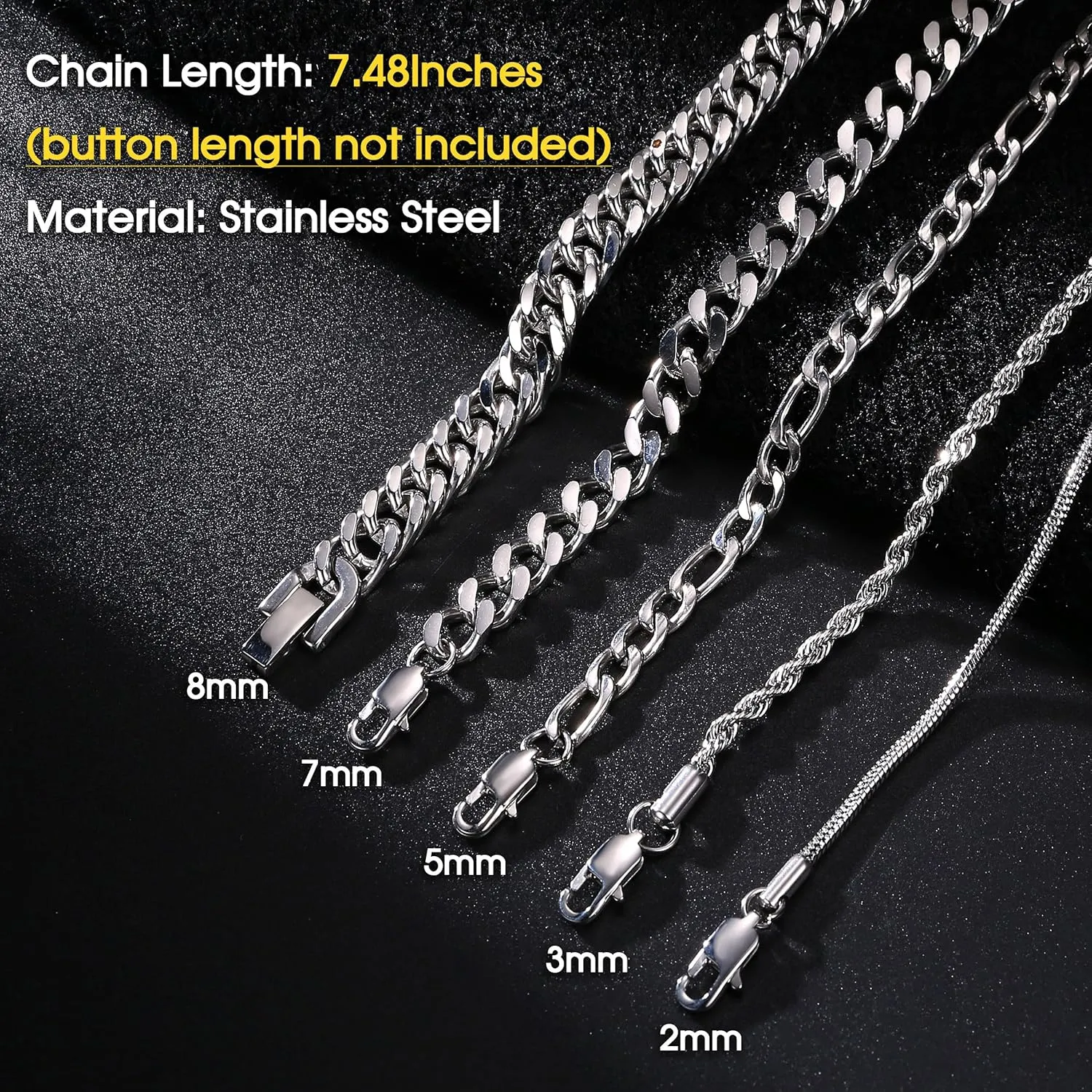 Fansilver 5 Pcs Stainless Steel Mens Bracelet Gold Silver Cuban Link Rope Figaro Cuban Chain Bracelets for Men Women 7.48/8.07/8.26 inches