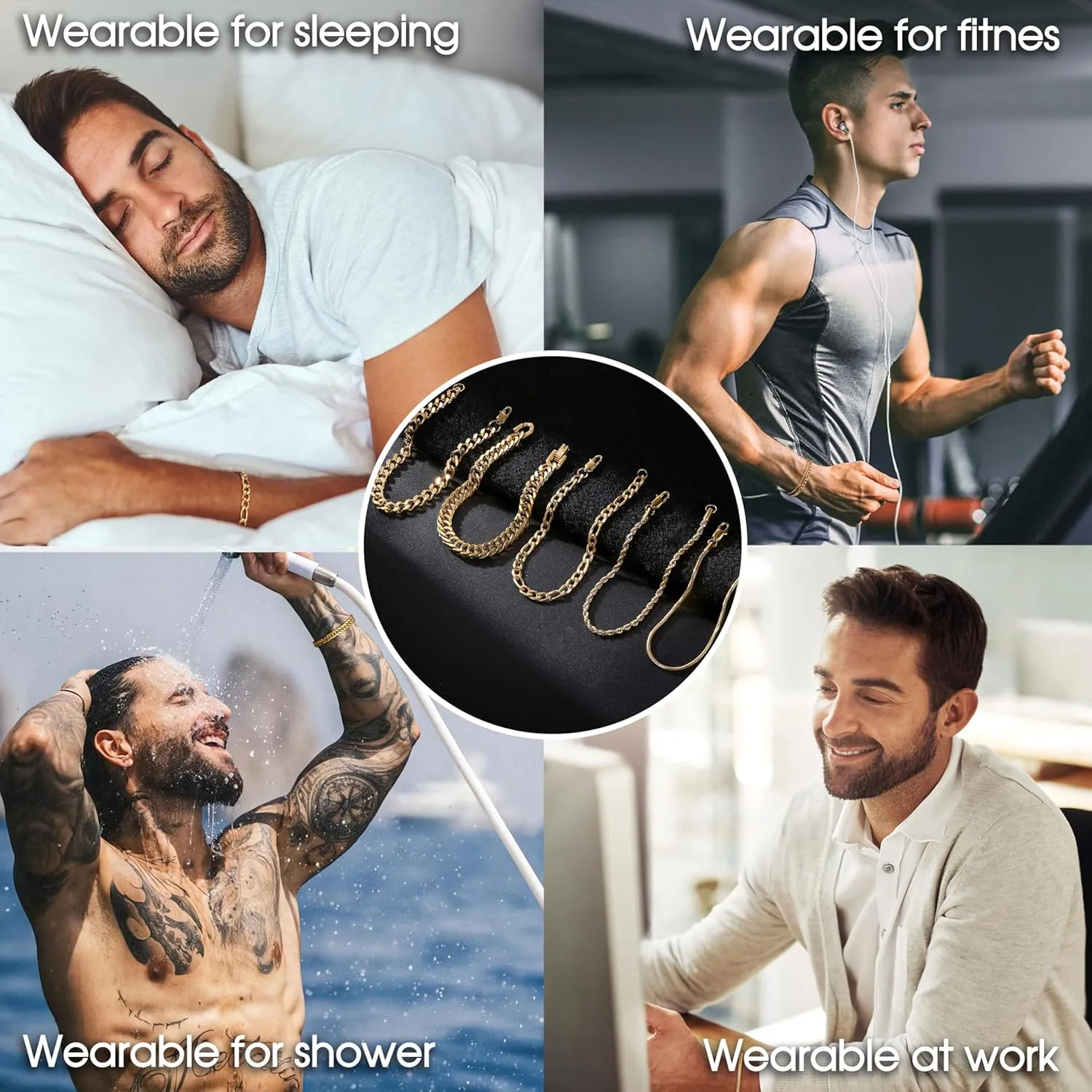 Fansilver 5 Pcs Stainless Steel Mens Bracelet Gold Silver Cuban Link Rope Figaro Cuban Chain Bracelets for Men Women 7.48/8.07/8.26 inches