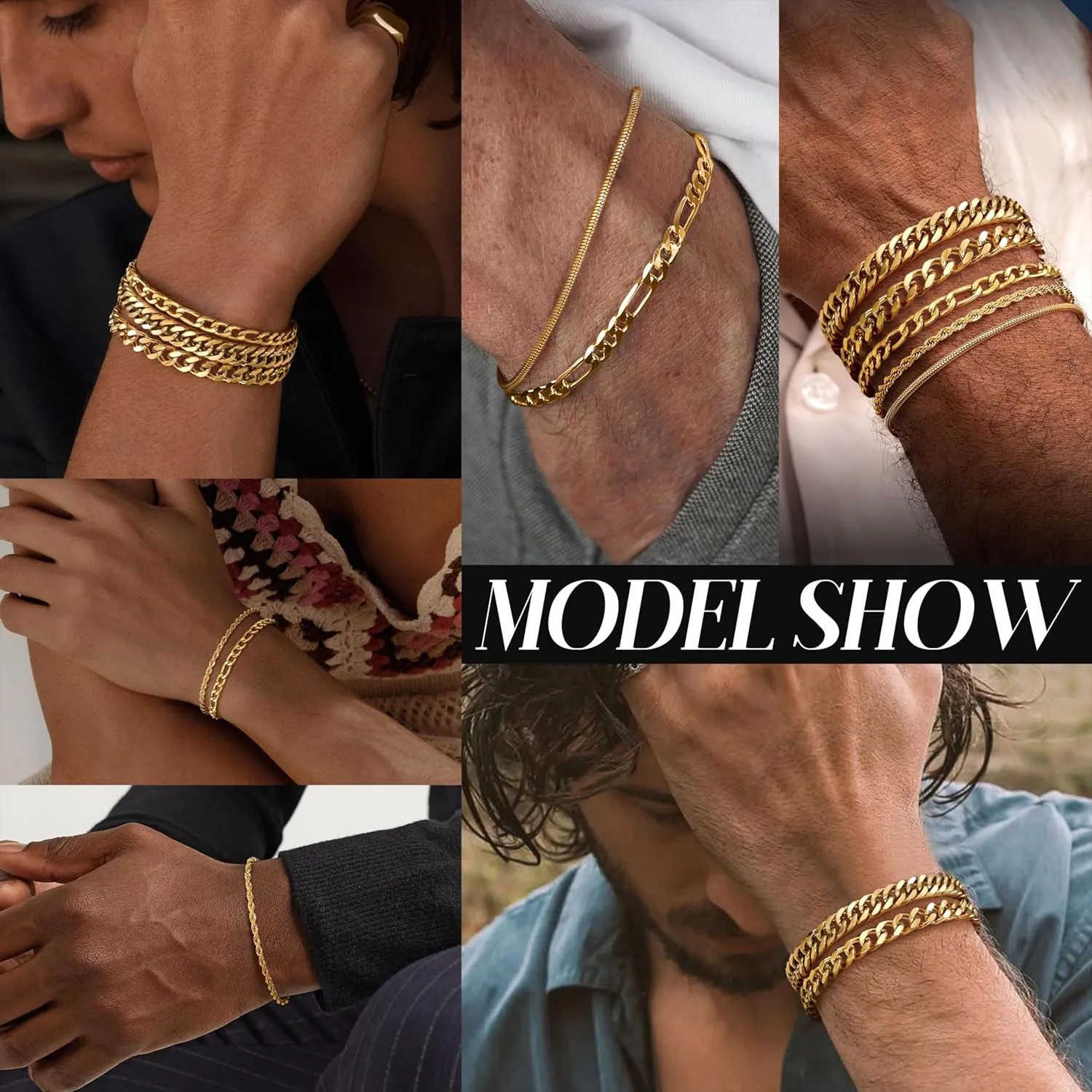 Fansilver 5 Pcs Stainless Steel Mens Bracelet Gold Silver Cuban Link Rope Figaro Cuban Chain Bracelets for Men Women 7.48/8.07/8.26 inches