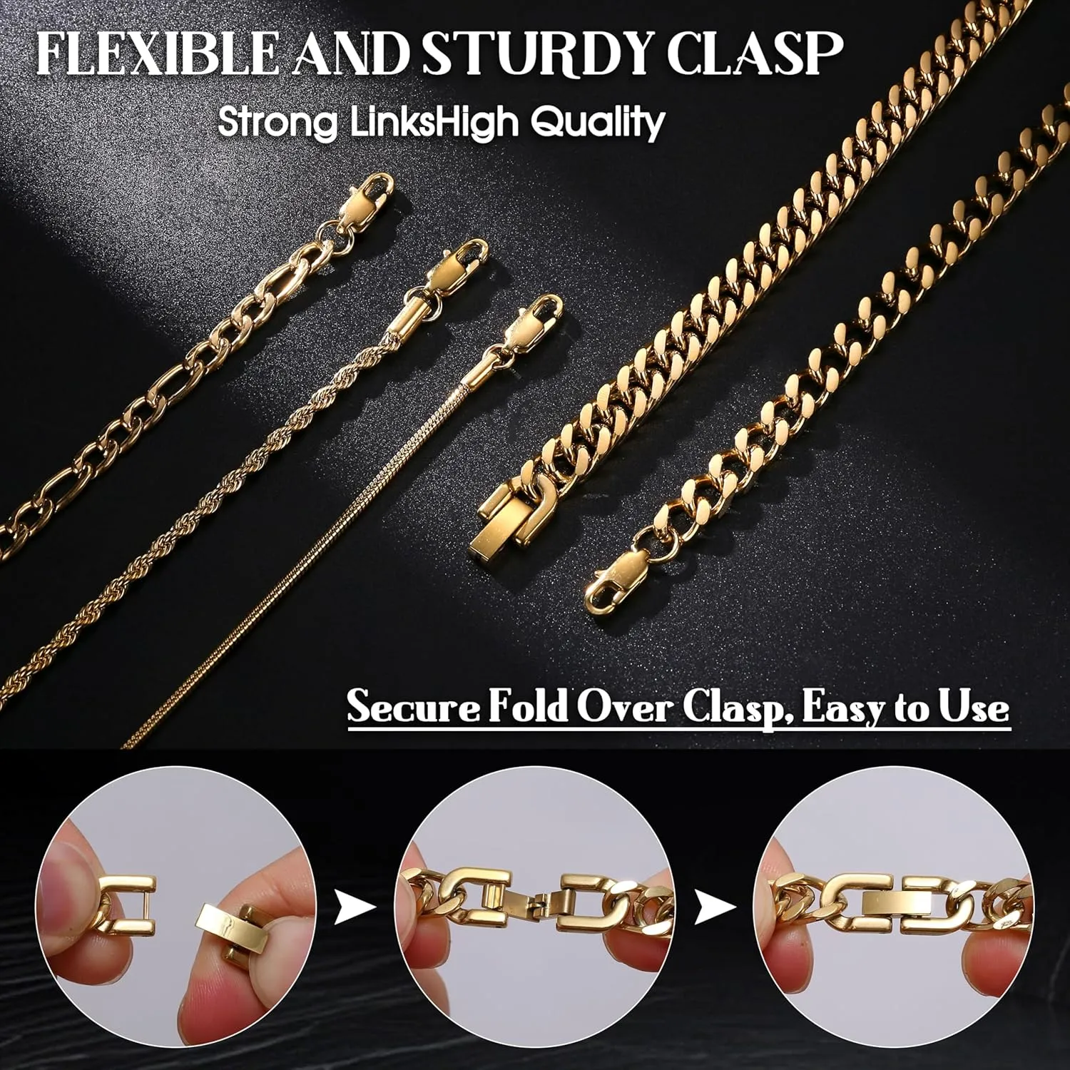 Fansilver 5 Pcs Stainless Steel Mens Bracelet Gold Silver Cuban Link Rope Figaro Cuban Chain Bracelets for Men Women 7.48/8.07/8.26 inches