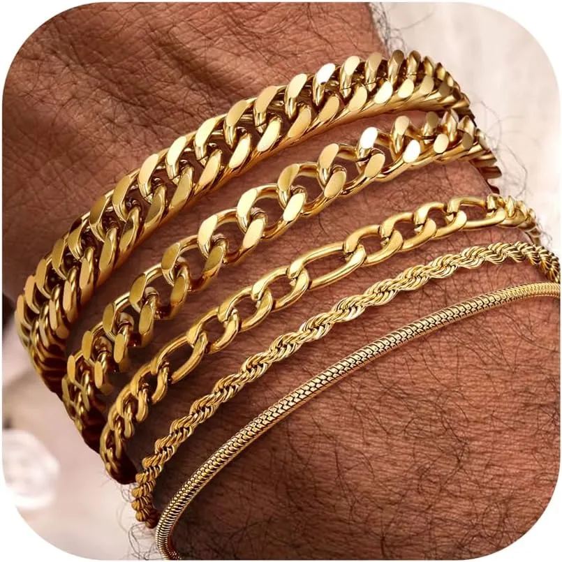 Fansilver 5 Pcs Stainless Steel Mens Bracelet Gold Silver Cuban Link Rope Figaro Cuban Chain Bracelets for Men Women 7.48/8.07/8.26 inches