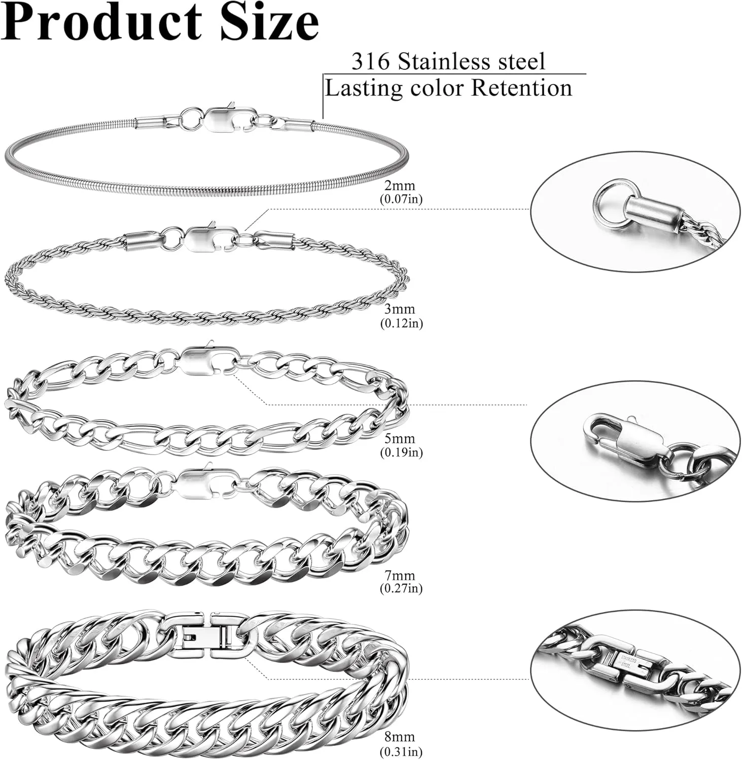 FINREZIO 5Pcs Stainless Steel Bracelets for Men Women Gold Silver Cuban Link Rope Figaro Cuban Chain Bracelet Set for Men 7.48/8.07/8.26 inches
