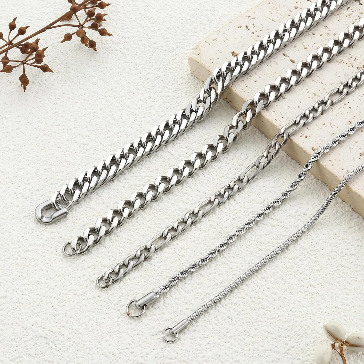 FINREZIO 5Pcs Stainless Steel Bracelets for Men Women Gold Silver Cuban Link Rope Figaro Cuban Chain Bracelet Set for Men 7.48/8.07/8.26 inches