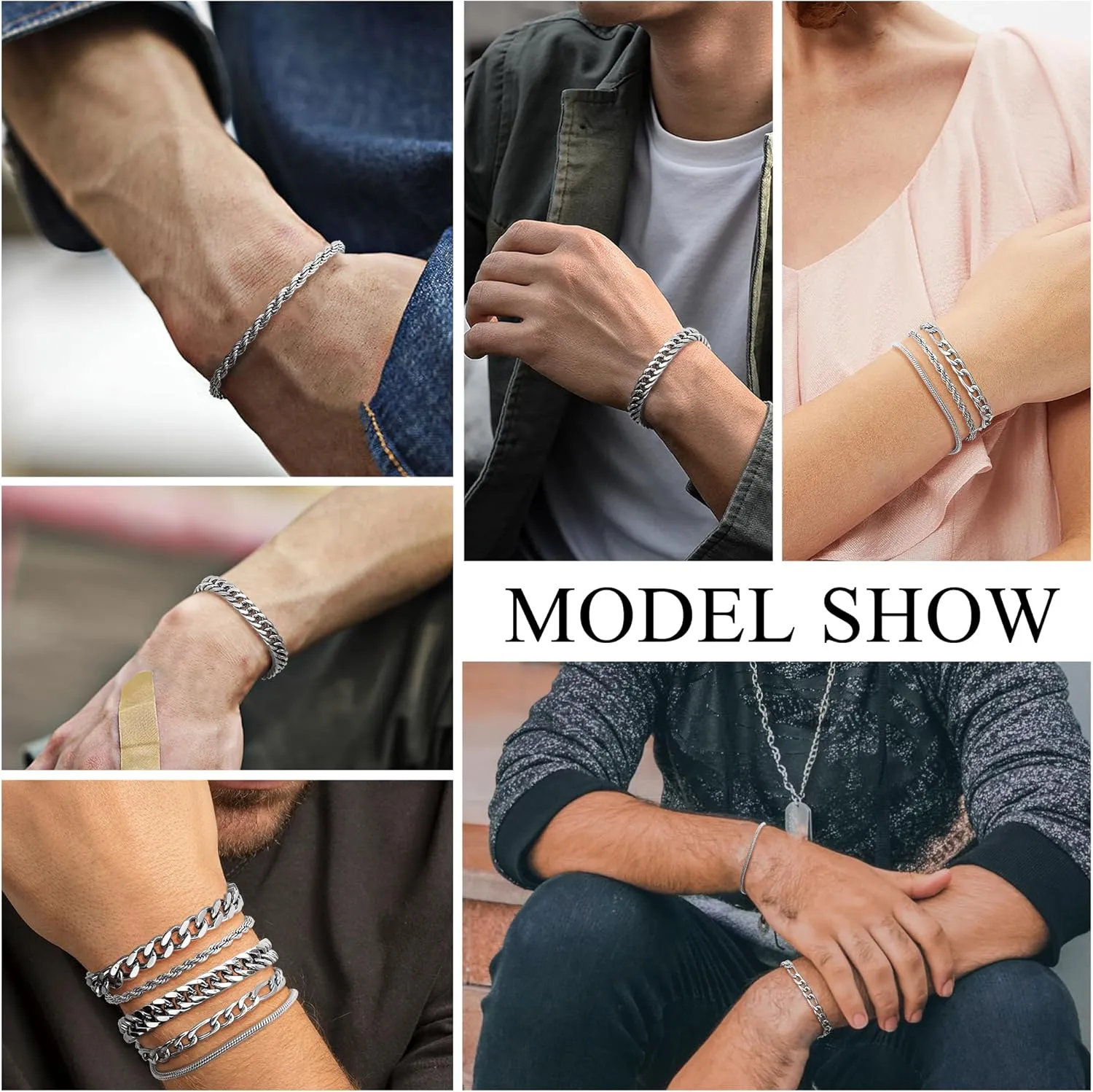 FINREZIO 5Pcs Stainless Steel Bracelets for Men Women Gold Silver Cuban Link Rope Figaro Cuban Chain Bracelet Set for Men 7.48/8.07/8.26 inches