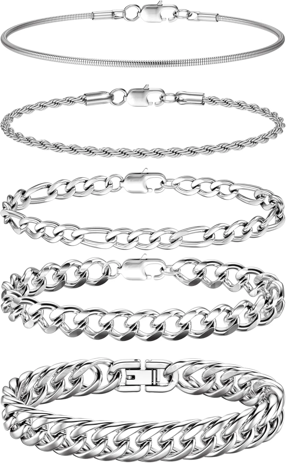 FINREZIO 5Pcs Stainless Steel Bracelets for Men Women Gold Silver Cuban Link Rope Figaro Cuban Chain Bracelet Set for Men 7.48/8.07/8.26 inches
