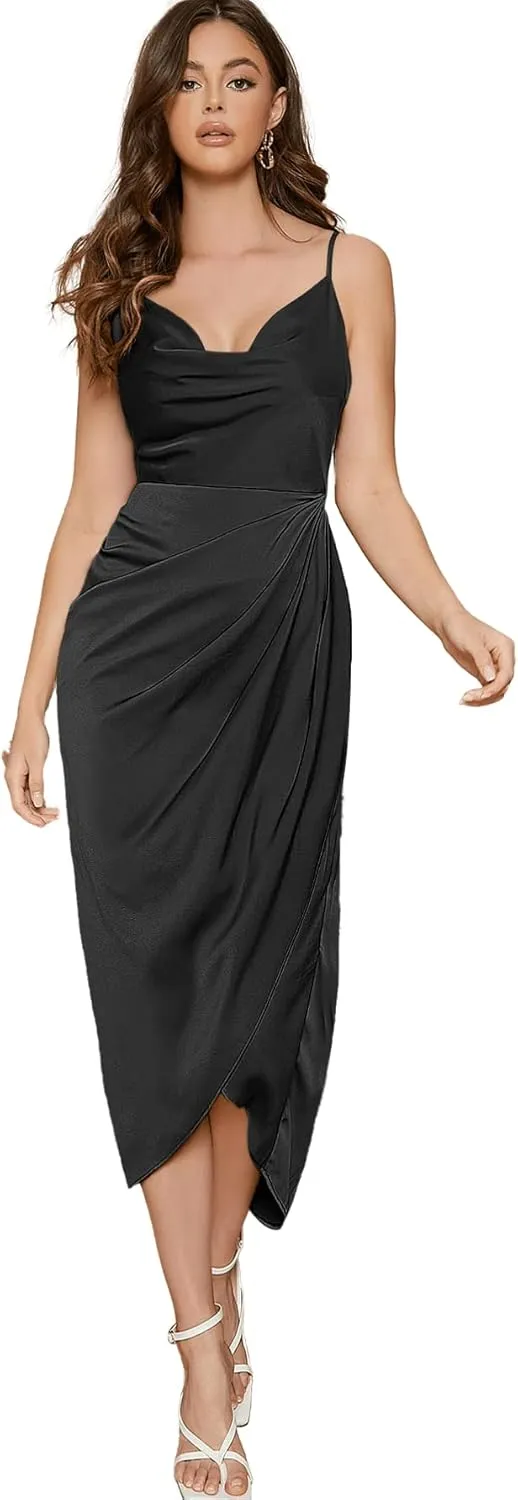 Floerns Women's Plus Size Satin Spaghetti Strap Cowl Neck Wrap Party Cami Dress