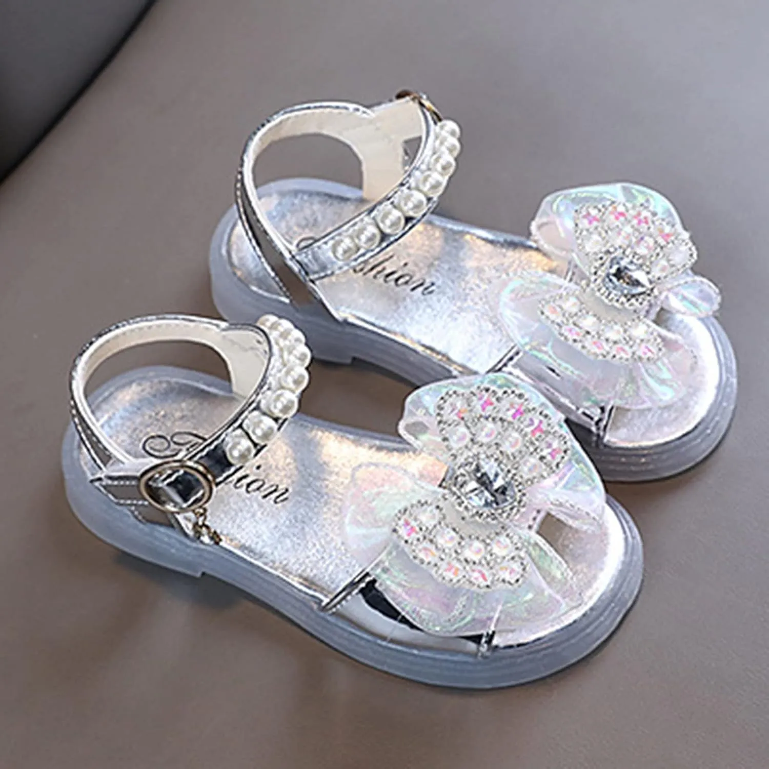Girls Kids Dress Sandals Bow Beaded Buckle Adjusted Hook Loop Shoes Baby Girl Dance Barefoot Rubber Shoes Fashion Cute