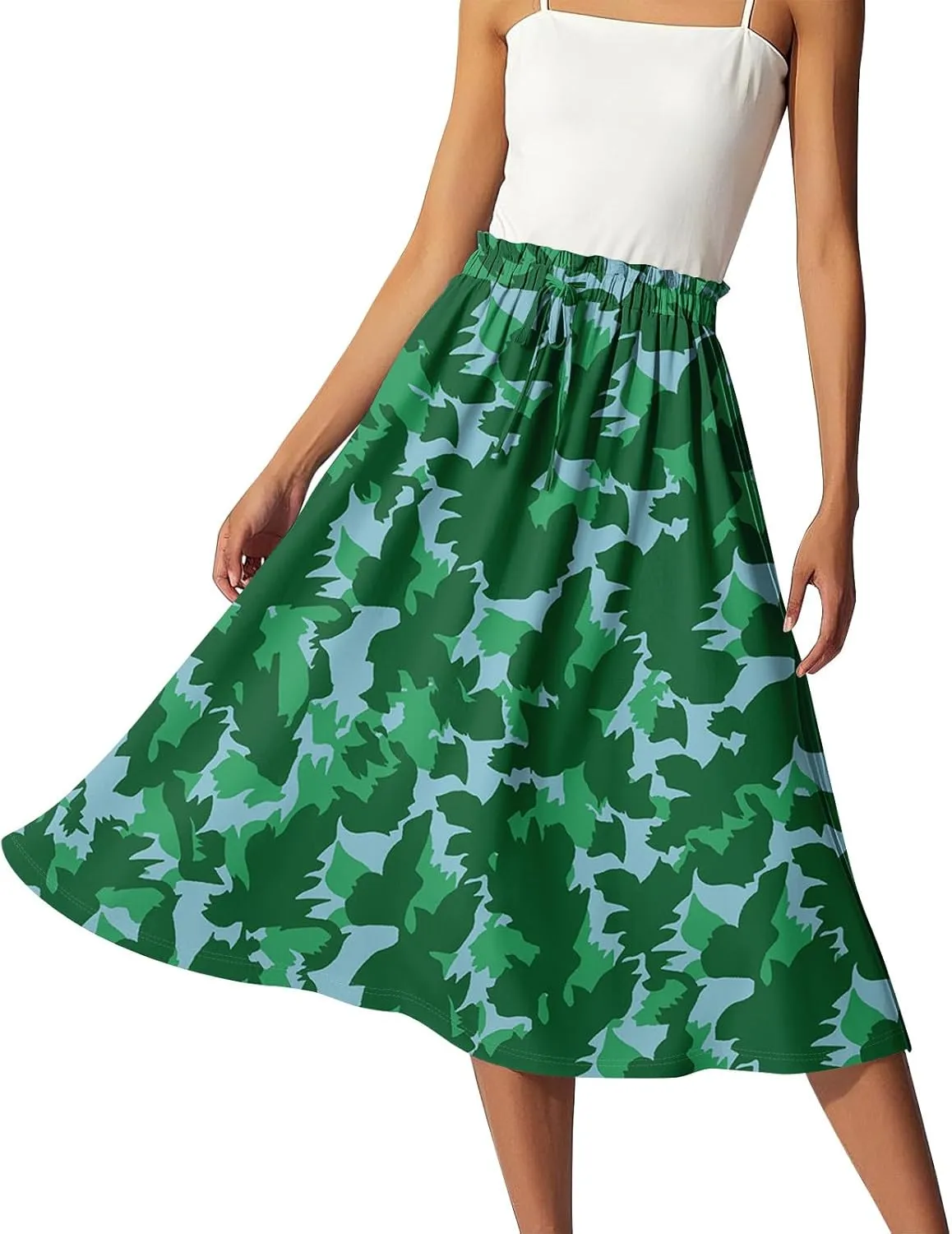 GOFULY Midi Skirts for Women Boho Summer Floral Print A Line Knee Skirt Drawstring Elastic High Waist Pleated Skirt