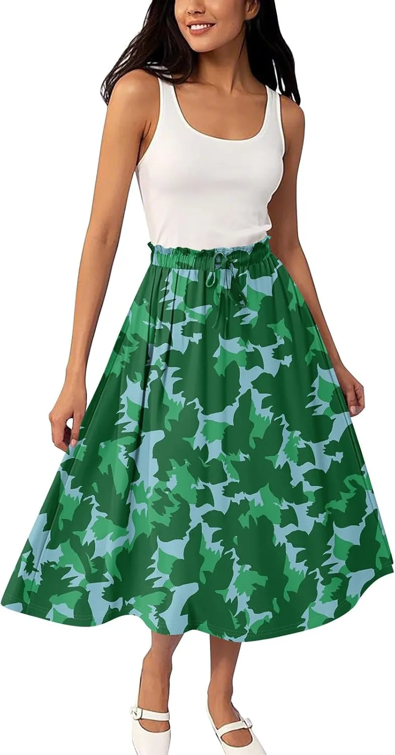 GOFULY Midi Skirts for Women Boho Summer Floral Print A Line Knee Skirt Drawstring Elastic High Waist Pleated Skirt