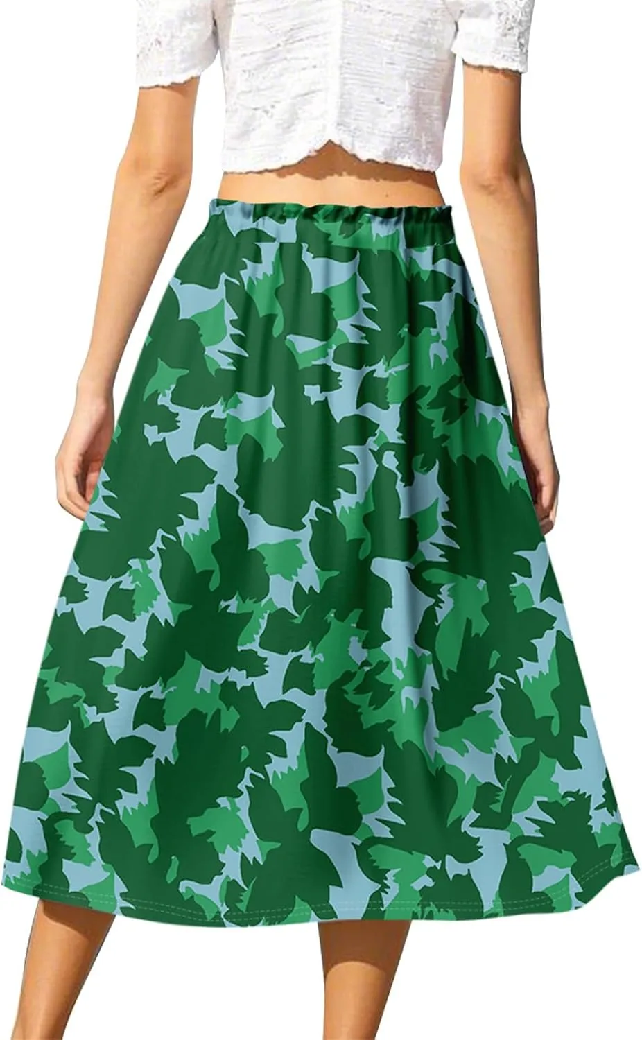 GOFULY Midi Skirts for Women Boho Summer Floral Print A Line Knee Skirt Drawstring Elastic High Waist Pleated Skirt