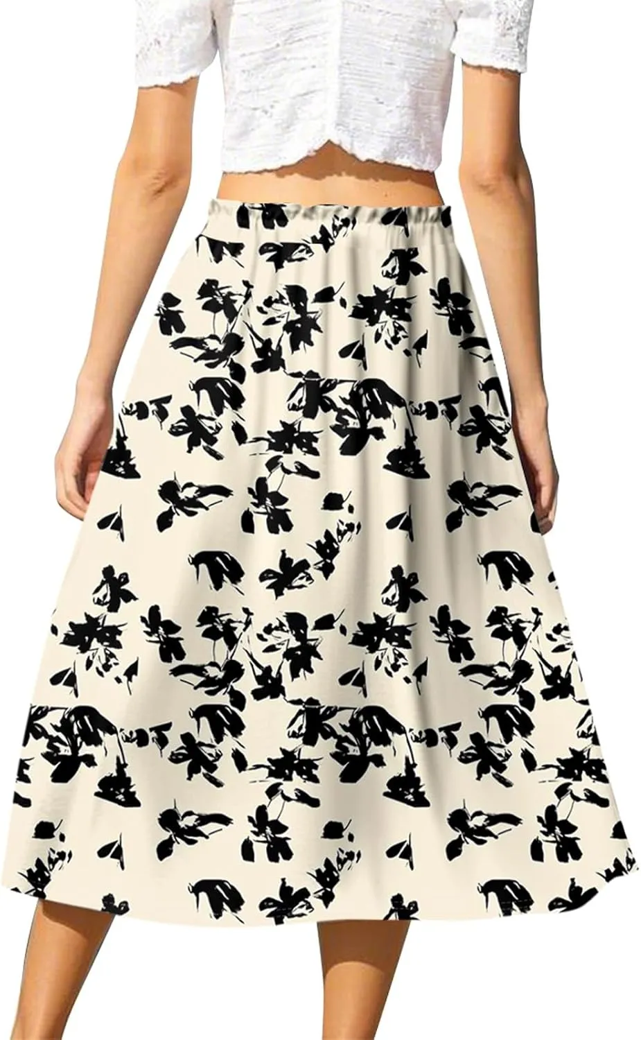GOFULY Womens Skirts Midi Length Elastic Waist Casual Fall Floral Print A-Line Knee Skirts Drawstring Pleated Skirt