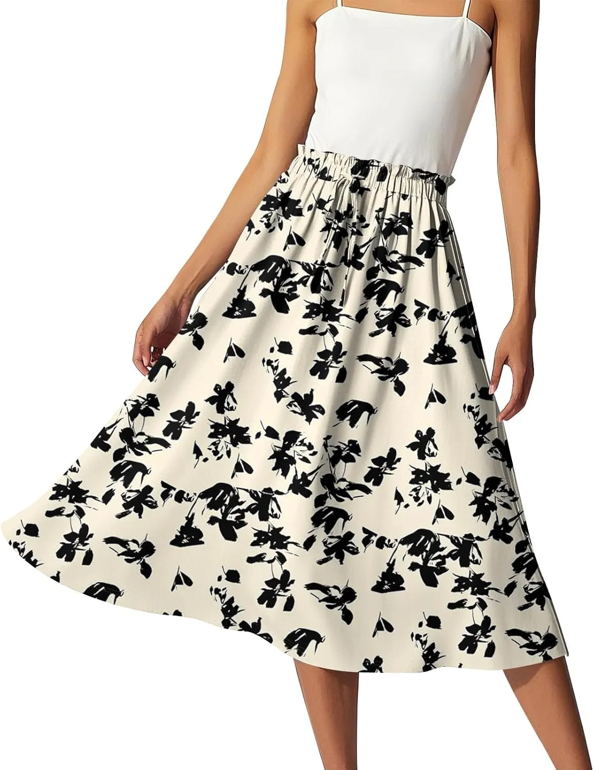 GOFULY Womens Skirts Midi Length Elastic Waist Casual Fall Floral Print A-Line Knee Skirts Drawstring Pleated Skirt
