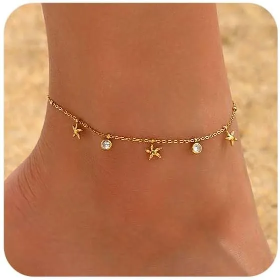 Gold Ankle Bracelets for Women 18K Gold Plated Waterproof Starfish Sea Shell Pearls CZ Diamond Dangle Anklets Trendy Summer Beach Foot Chain Jewelry Gift