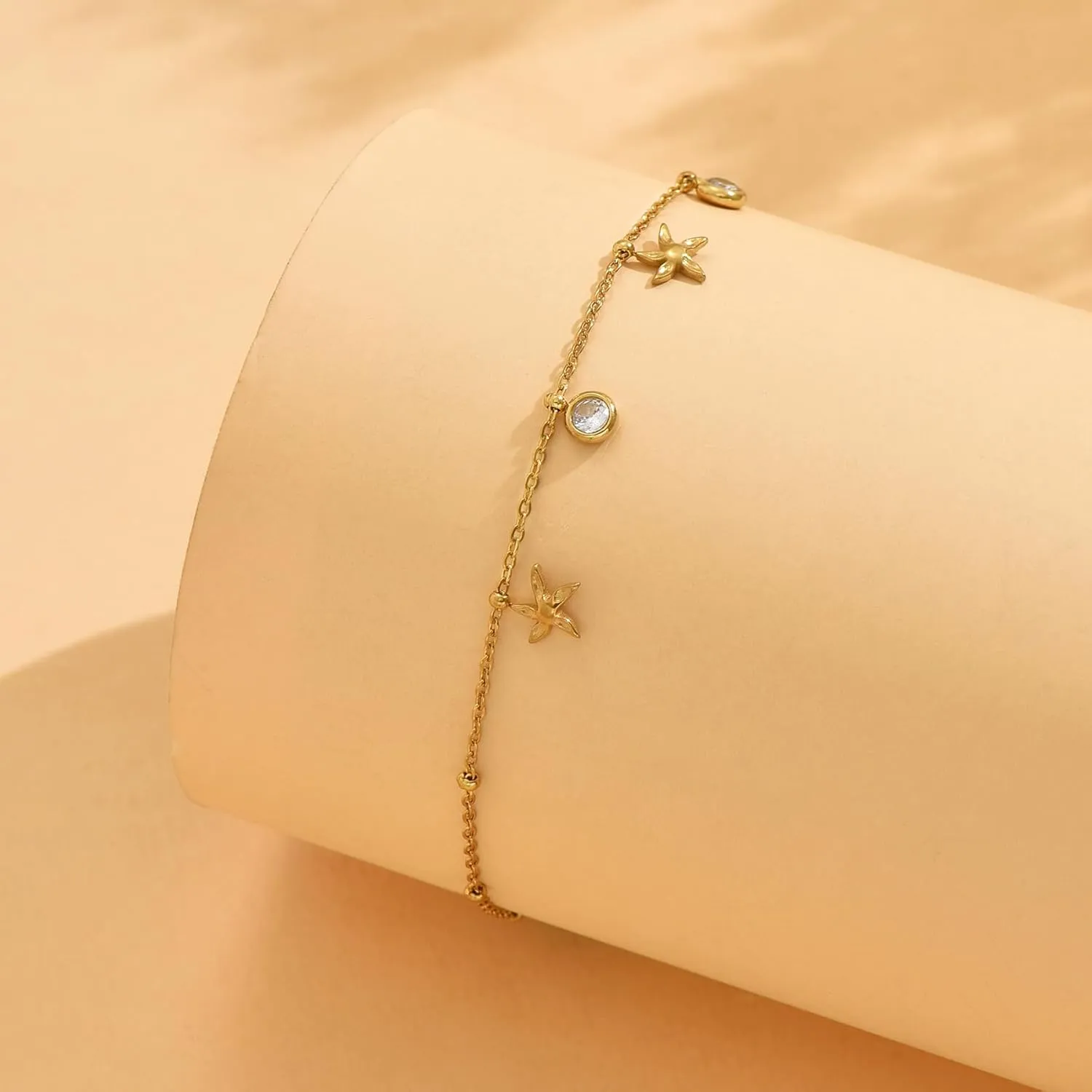 Gold Ankle Bracelets for Women 18K Gold Plated Waterproof Starfish Sea Shell Pearls CZ Diamond Dangle Anklets Trendy Summer Beach Foot Chain Jewelry Gift