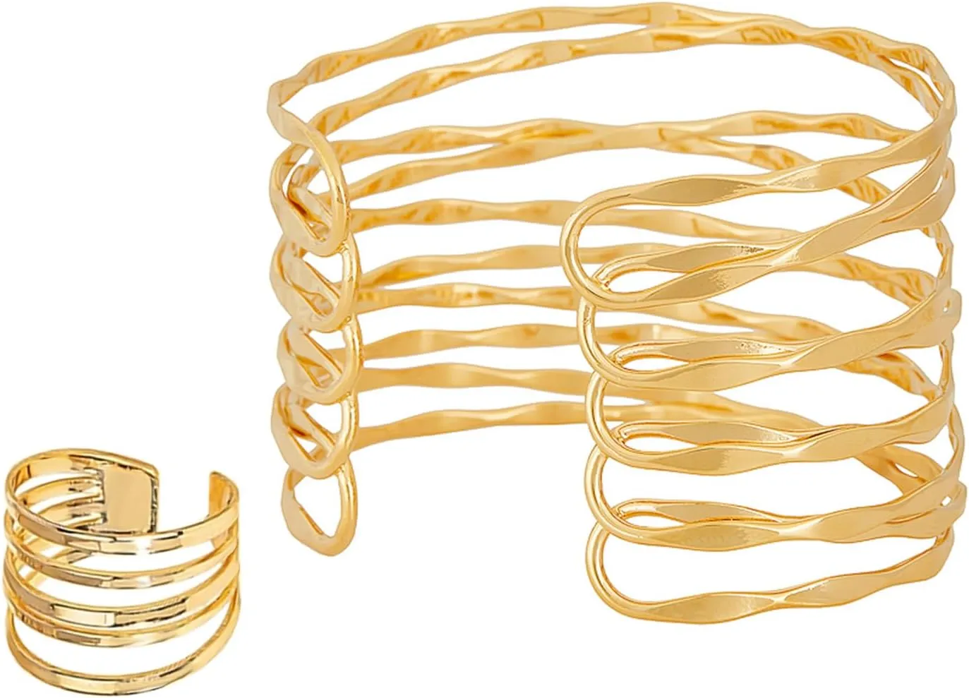 Gold Cuff Bangle Bracelets for Women, 14K Gold Plated Chunky Thin Thread Wire Open Cuff Wide Bracelet and Open Golden Ring Set for Womens