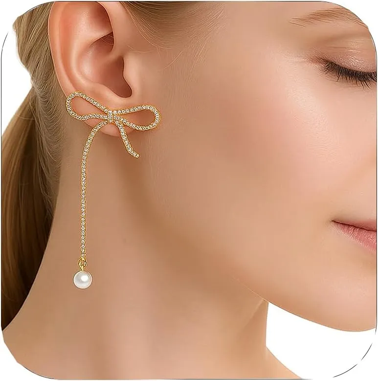Gold Pearl Bow Earrings for Women Dangling Rhinestone Hypoallergenic Wedding Dainty Long Pearl Dangle Earrings Bride Cute Sparkly Jewelry