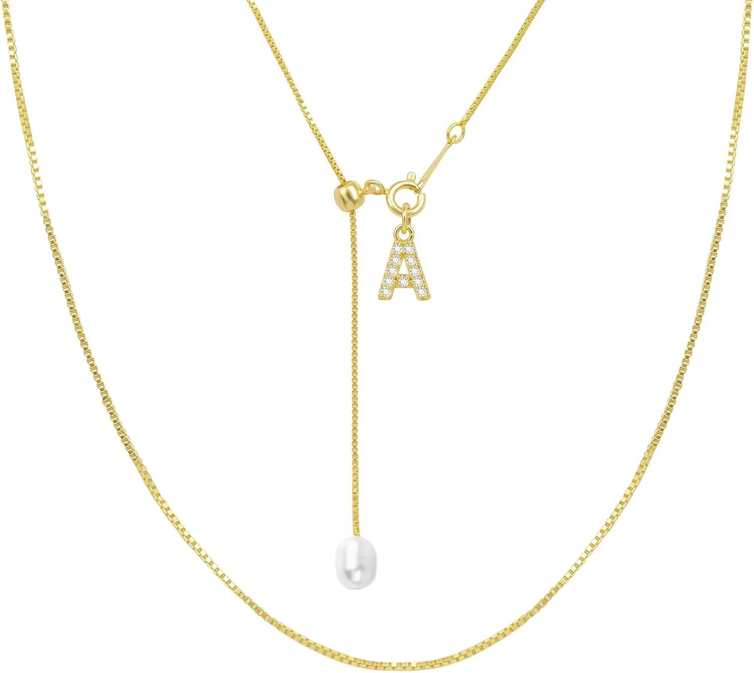Gold Pearl Initial Necklaces for Women, Dainty Gold Letter Necklace Tiny A-Z Pendant Choker Necklaces Trendy Cute Personalized Slider Chain Name Necklace Jewelry for Women Gift