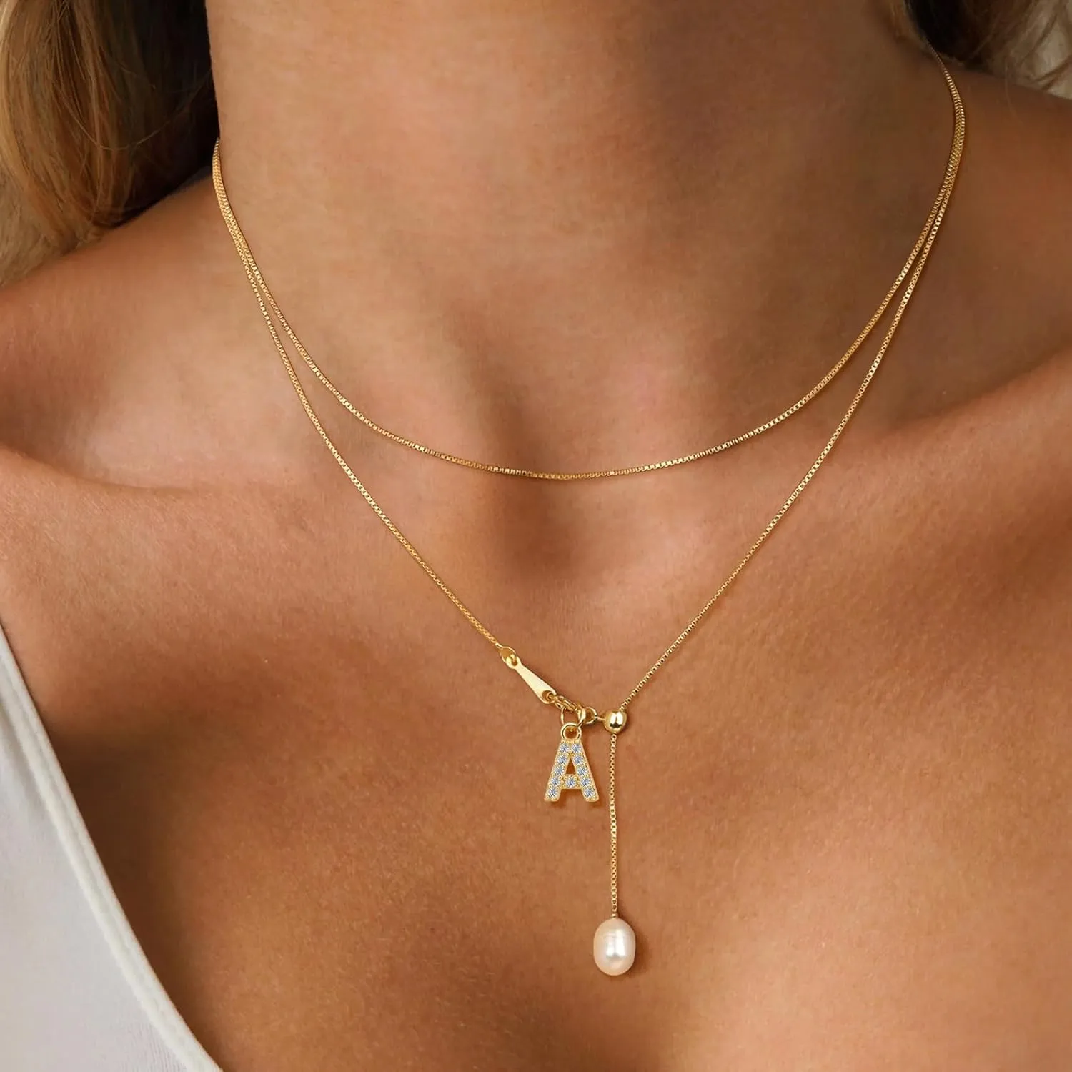 Gold Pearl Initial Necklaces for Women, Dainty Gold Letter Necklace Tiny A-Z Pendant Choker Necklaces Trendy Cute Personalized Slider Chain Name Necklace Jewelry for Women Gift