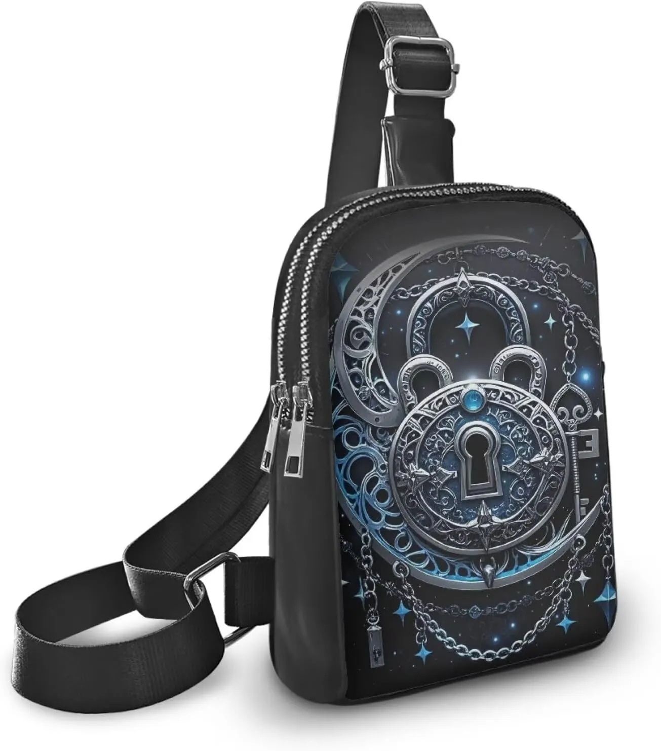 Gothic Mystical Moon Print Fanny Packs for Women Gothic Crescent Moon Stars Cross Body Sling Daypack, Chains Padlock Printed Belt Bag Zipper Crossbody Bag for Travel