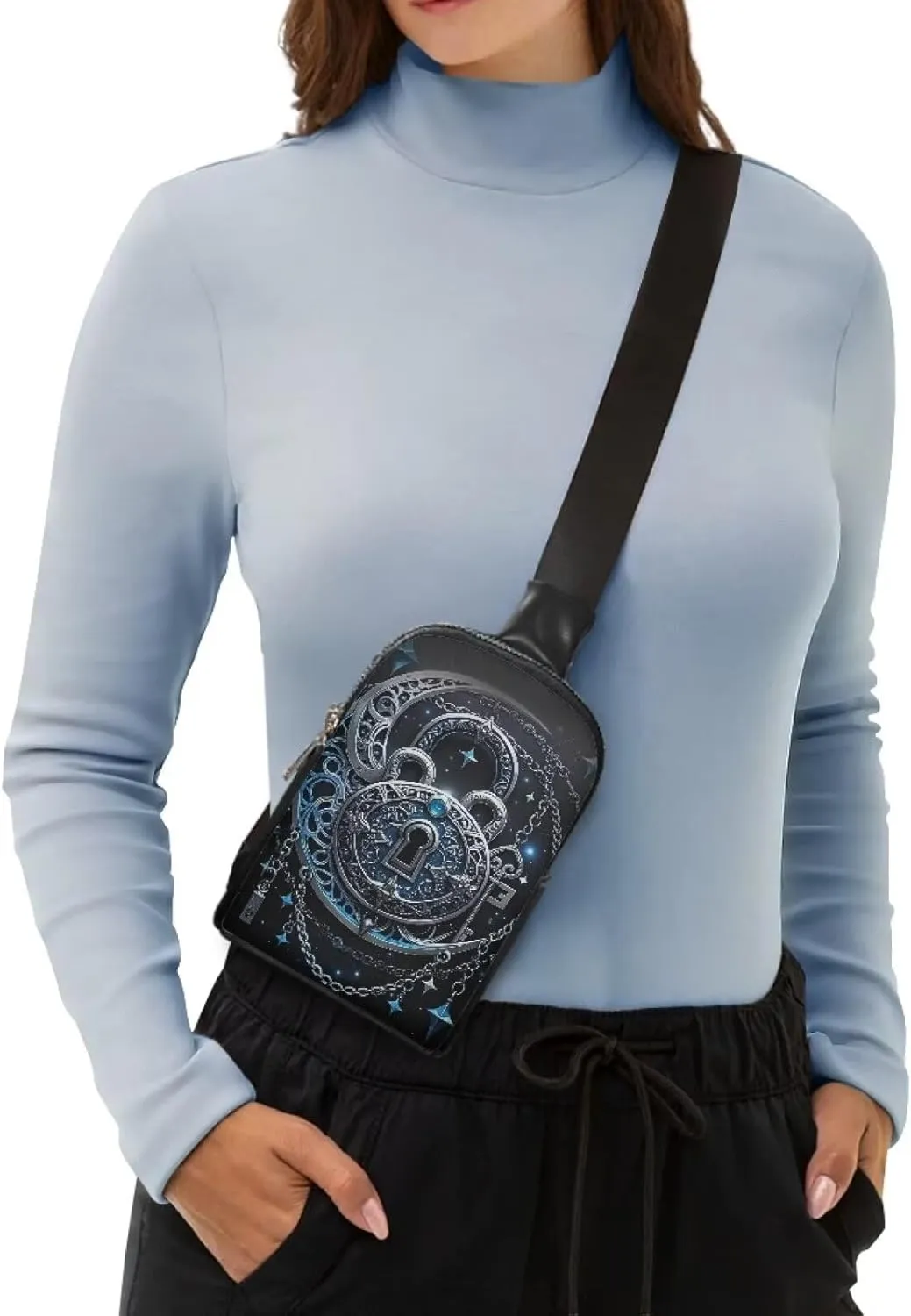 Gothic Mystical Moon Print Fanny Packs for Women Gothic Crescent Moon Stars Cross Body Sling Daypack, Chains Padlock Printed Belt Bag Zipper Crossbody Bag for Travel