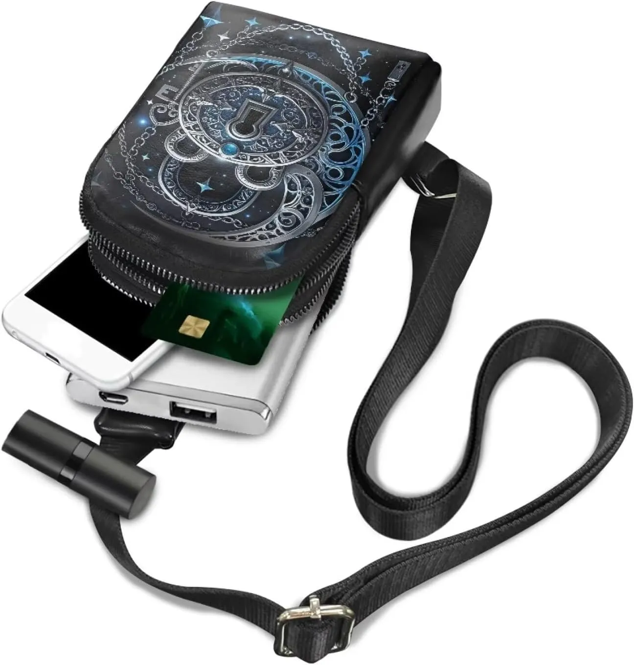 Gothic Mystical Moon Print Fanny Packs for Women Gothic Crescent Moon Stars Cross Body Sling Daypack, Chains Padlock Printed Belt Bag Zipper Crossbody Bag for Travel