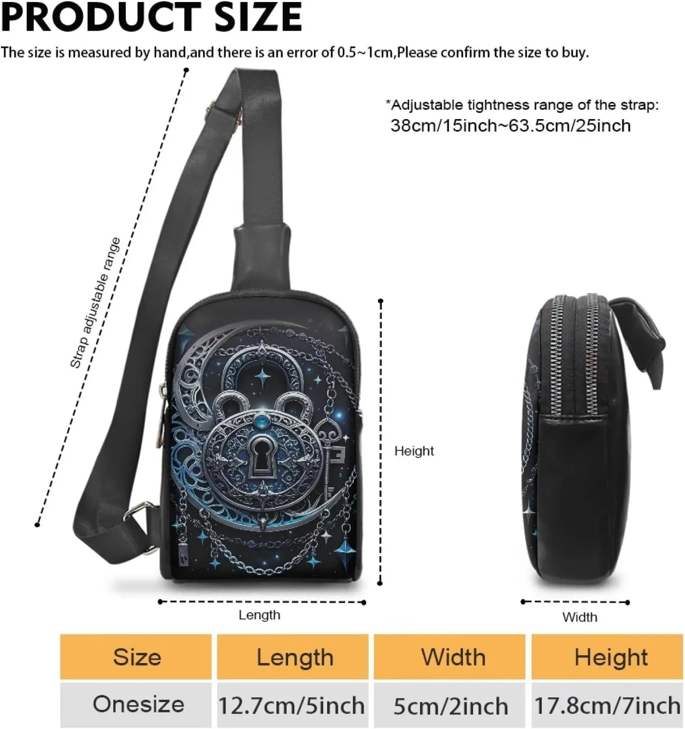 Gothic Mystical Moon Print Fanny Packs for Women Gothic Crescent Moon Stars Cross Body Sling Daypack, Chains Padlock Printed Belt Bag Zipper Crossbody Bag for Travel