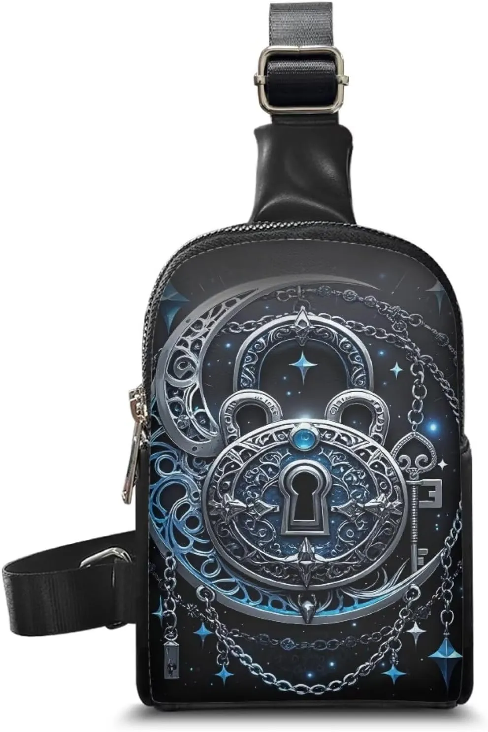Gothic Mystical Moon Print Fanny Packs for Women Gothic Crescent Moon Stars Cross Body Sling Daypack, Chains Padlock Printed Belt Bag Zipper Crossbody Bag for Travel
