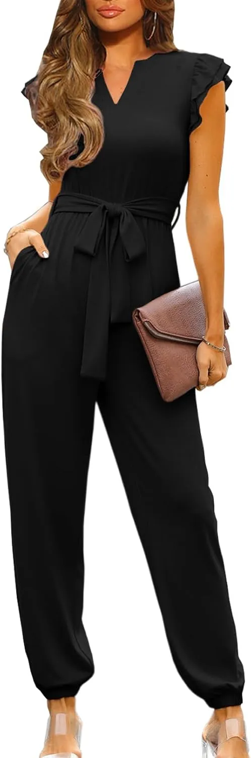Happy Sailed Womens Jumpsuits Casual Dressy V Neck Frill Sleeve Waist Belt Pockets Long Pants Romper One Piece Outfits