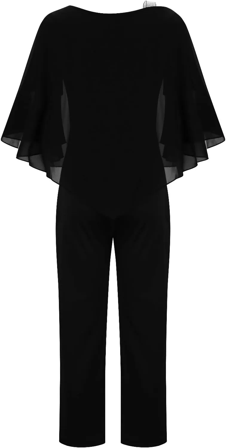 HGps8w Women's Dressy Cold Shoulder Jumpsuits Elegant Cape Batwing Sequins Strap Irregular Party Cocktail Pantsuits Rompers