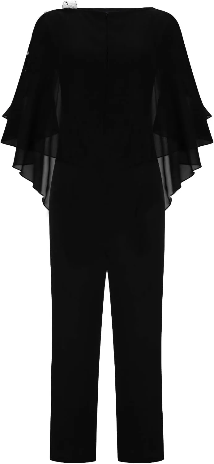 HGps8w Women's Dressy Cold Shoulder Jumpsuits Elegant Cape Batwing Sequins Strap Irregular Party Cocktail Pantsuits Rompers