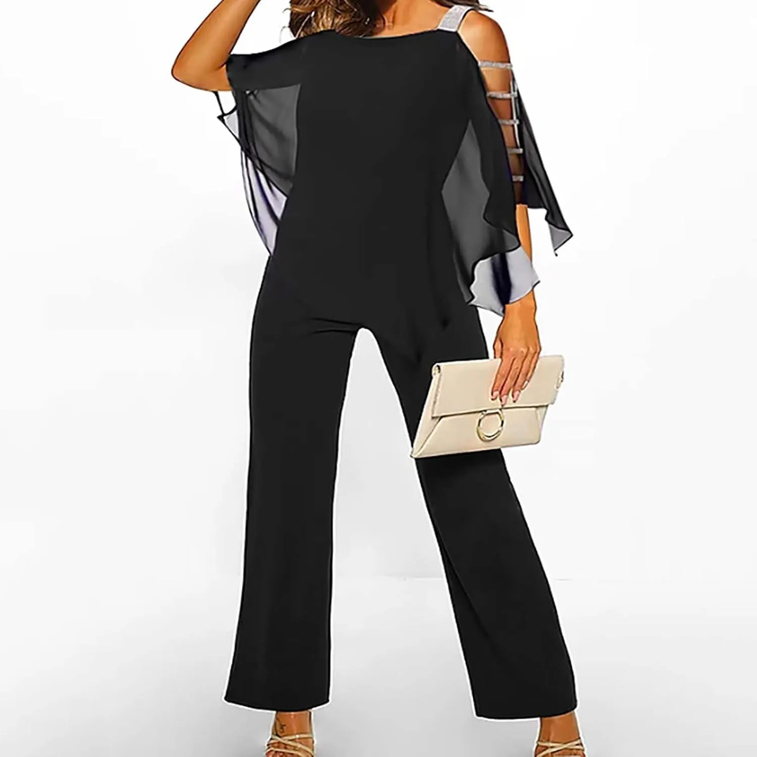 HGps8w Women's Dressy Cold Shoulder Jumpsuits Elegant Cape Batwing Sequins Strap Irregular Party Cocktail Pantsuits Rompers