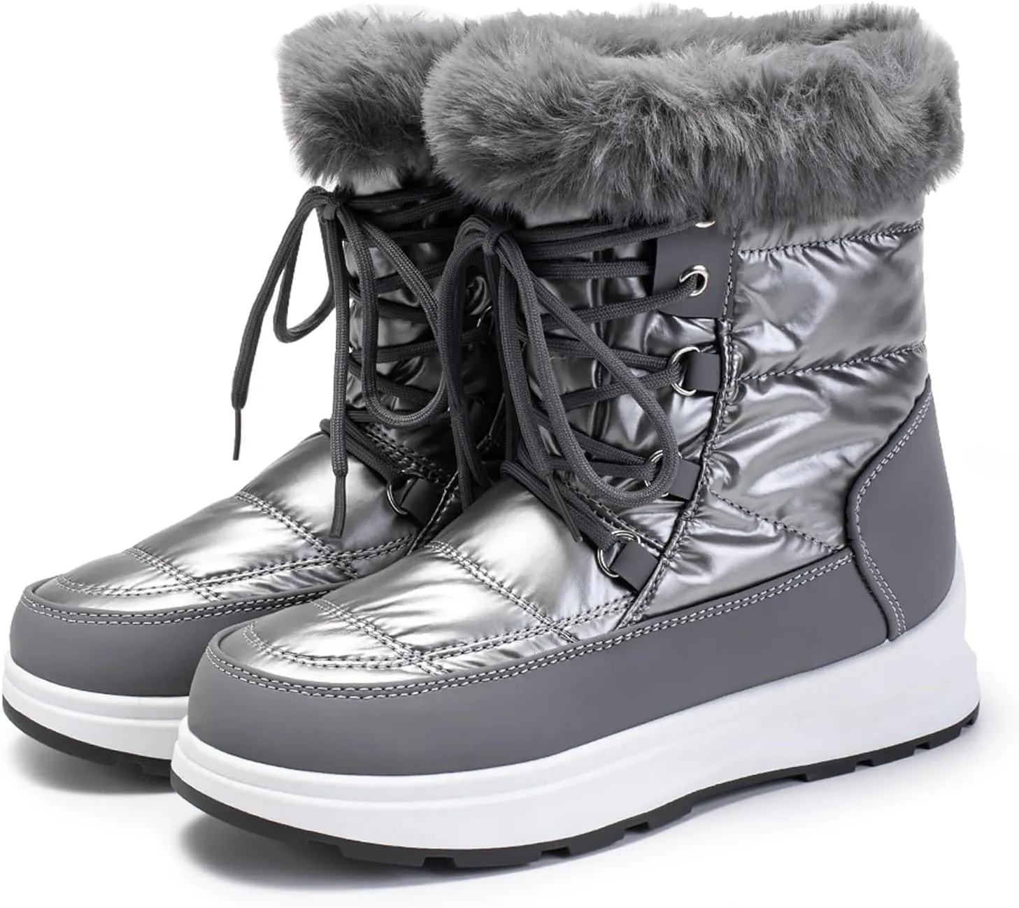 HINDOLA Waterproof Snow Boots for Women Faux Fur Cozy Warm Insulated Winter Boots Lace Up Mid-Calf Outdoor Shoes Walking Hiking Booties