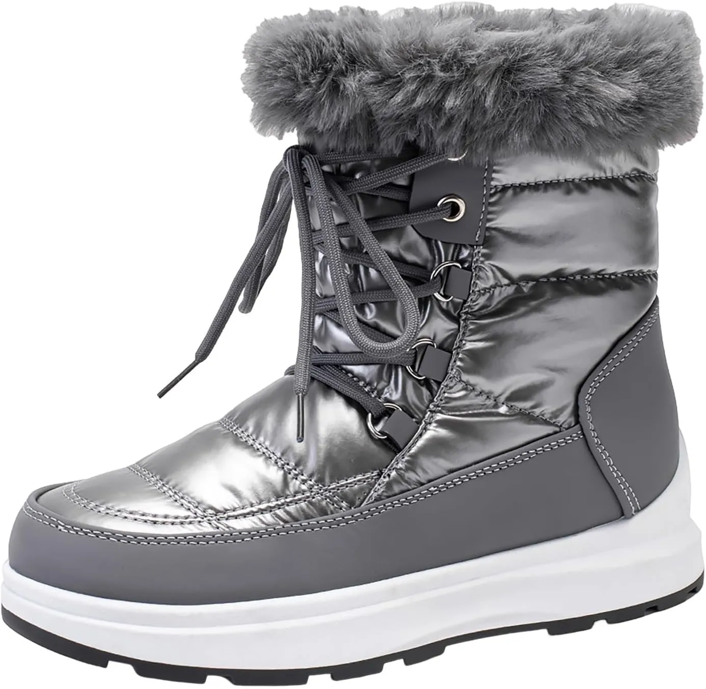 HINDOLA Waterproof Snow Boots for Women Faux Fur Cozy Warm Insulated Winter Boots Lace Up Mid-Calf Outdoor Shoes Walking Hiking Booties