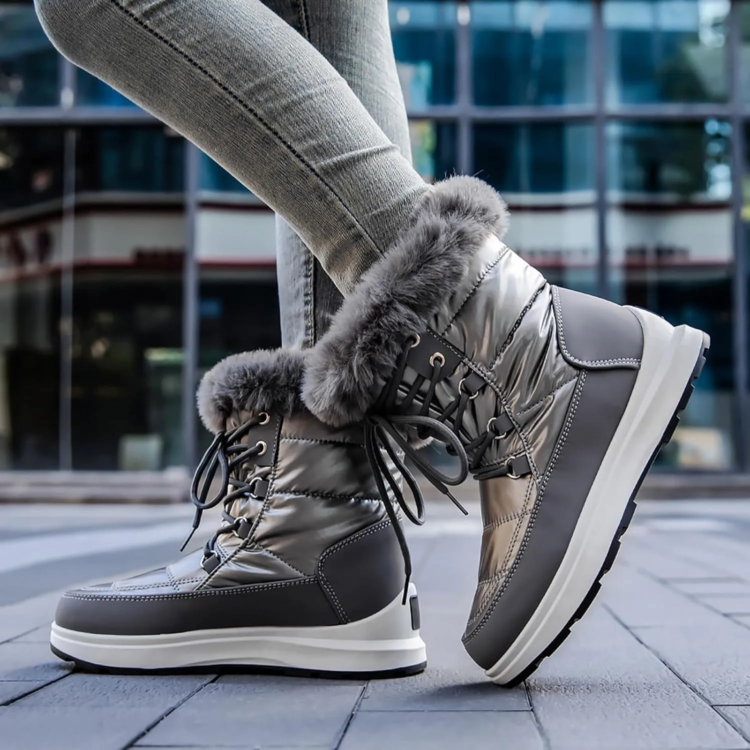 HINDOLA Waterproof Snow Boots for Women Faux Fur Cozy Warm Insulated Winter Boots Lace Up Mid-Calf Outdoor Shoes Walking Hiking Booties
