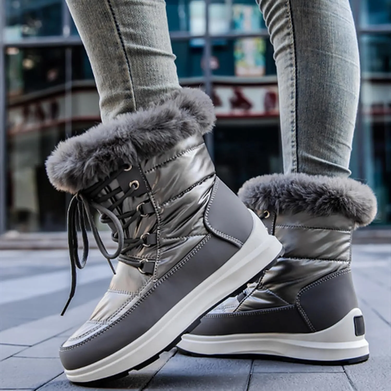 HINDOLA Waterproof Snow Boots for Women Faux Fur Cozy Warm Insulated Winter Boots Lace Up Mid-Calf Outdoor Shoes Walking Hiking Booties