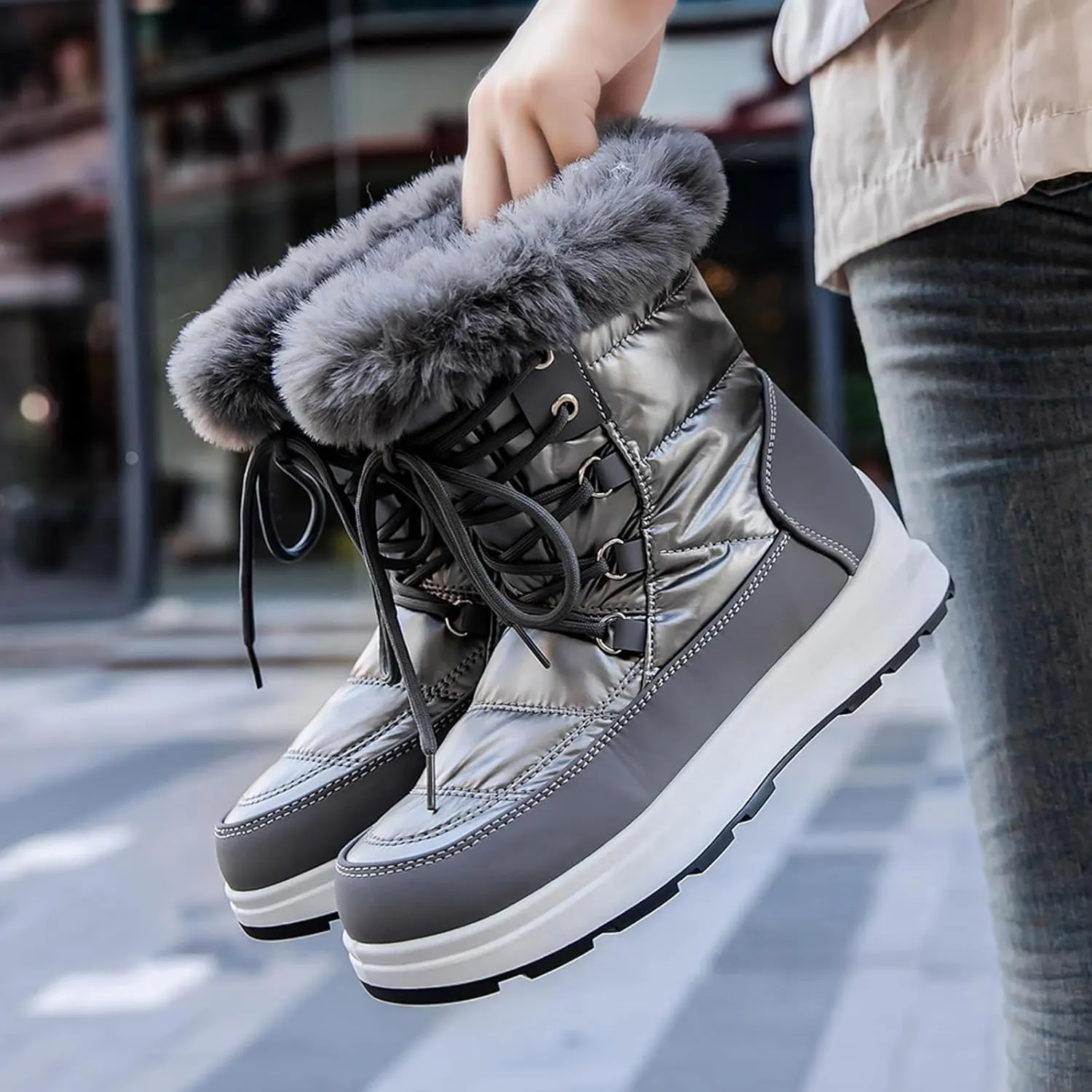 HINDOLA Waterproof Snow Boots for Women Faux Fur Cozy Warm Insulated Winter Boots Lace Up Mid-Calf Outdoor Shoes Walking Hiking Booties