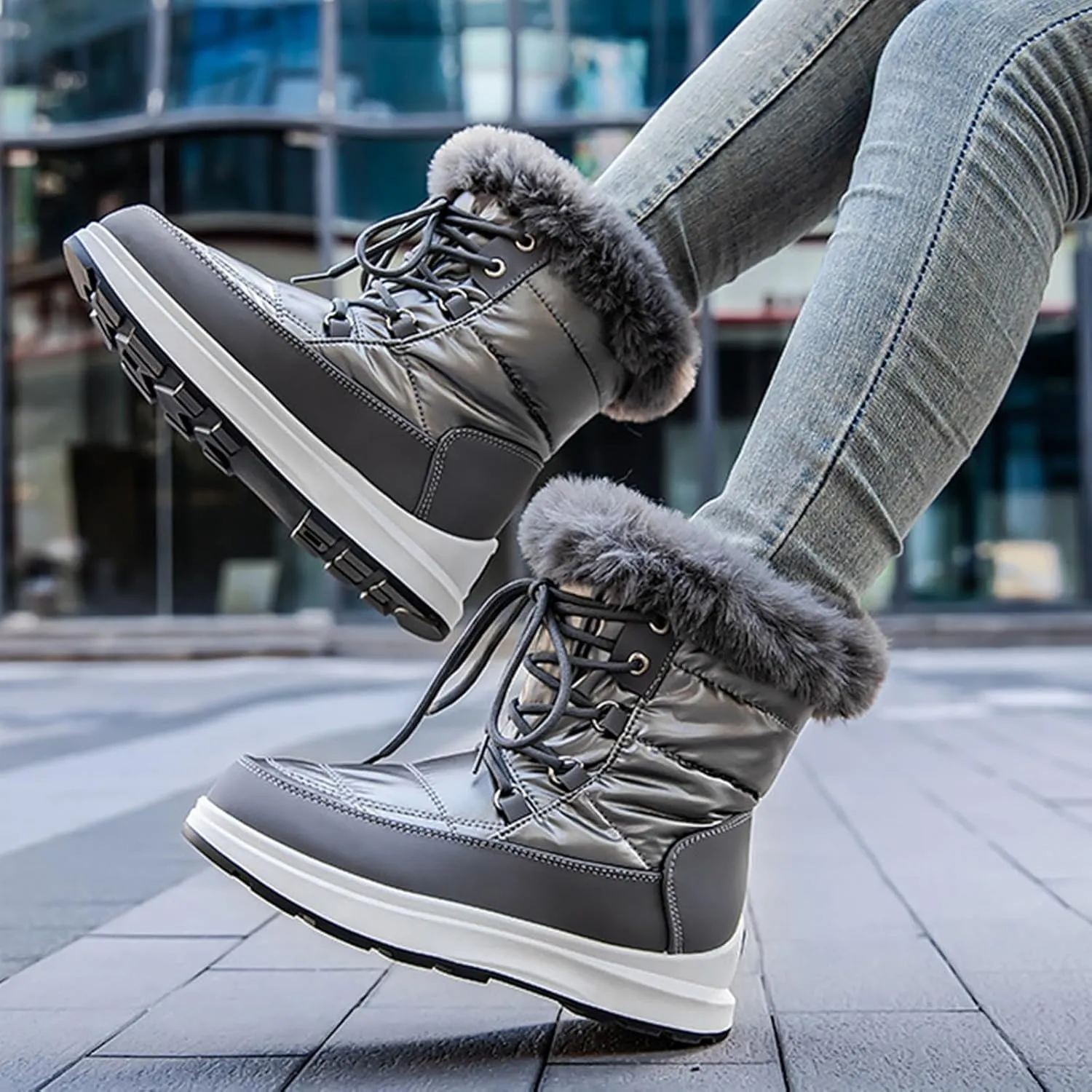 HINDOLA Waterproof Snow Boots for Women Faux Fur Cozy Warm Insulated Winter Boots Lace Up Mid-Calf Outdoor Shoes Walking Hiking Booties