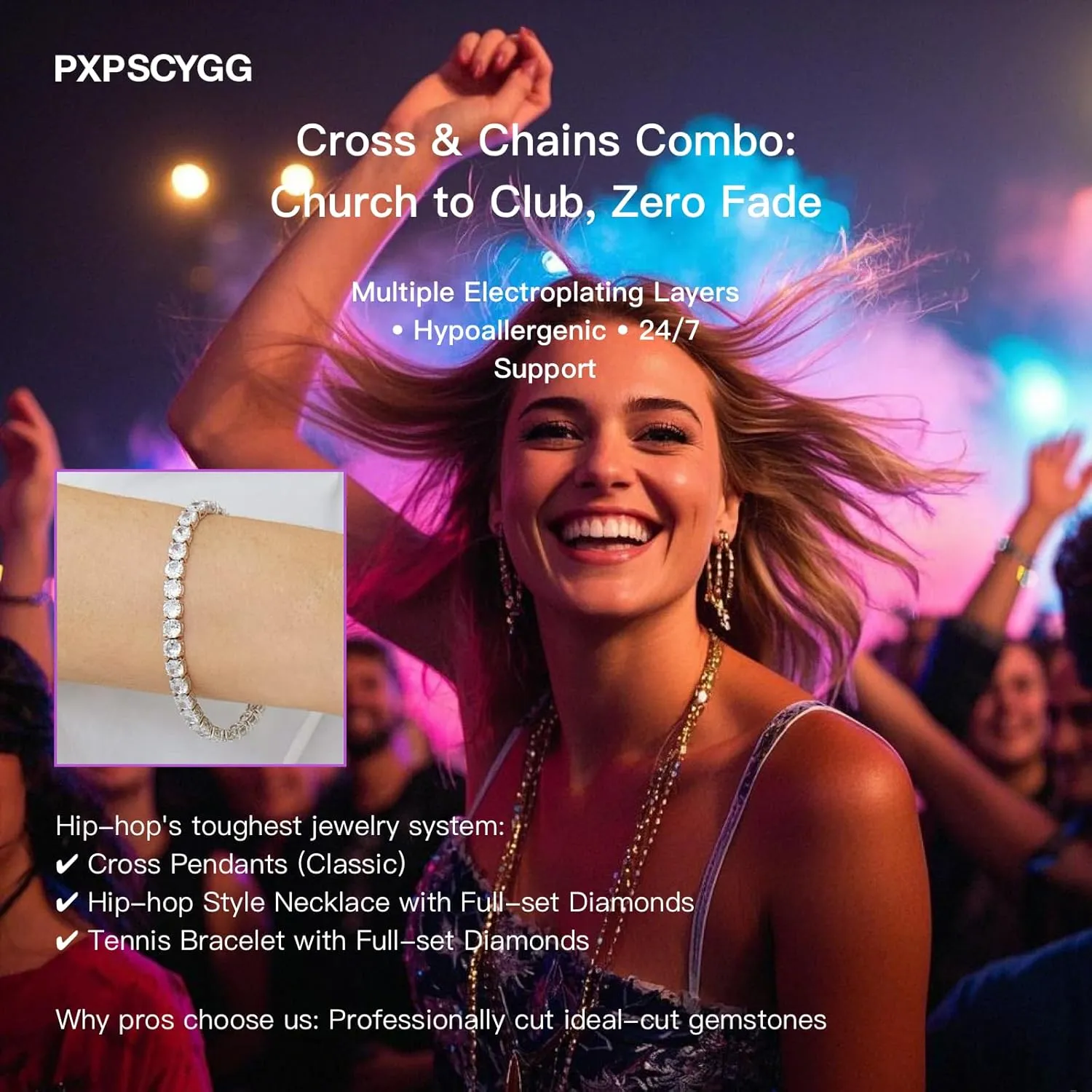 Hip Hop Tennis Chain Necklace with Cross Pendant for Men & Women ??Gold Plated Iced Out Cuban Link Chains, Bling Rhinestone & Crystal Studded Necklaces for Teens (8-24 Inches)