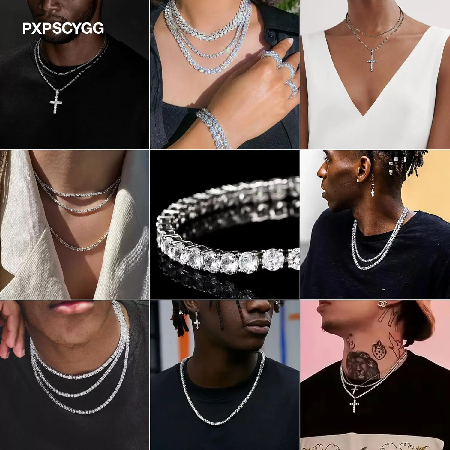 Hip Hop Tennis Chain Necklace with Cross Pendant for Men & Women ??Gold Plated Iced Out Cuban Link Chains, Bling Rhinestone & Crystal Studded Necklaces for Teens (8-24 Inches)