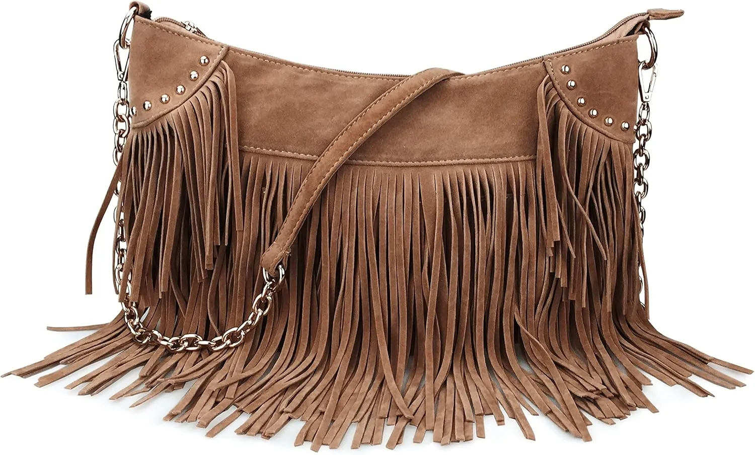 HOXIS Studded Tassel Faux Suede Leather Hobo Cross Body Chain Shoulder Bag Womens Satchel