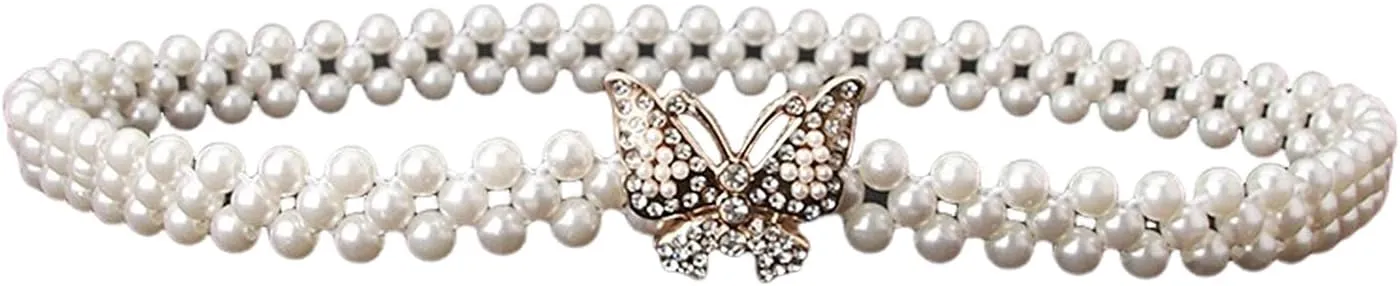 HSQYJ Pearl Elastic Chain Belt Adjustable Stretchy Metal Crystal Flower Buckle Waist Belt Western Body Jewelry for Women Girl
