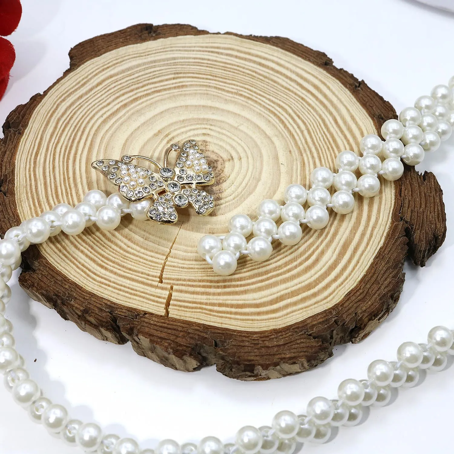 HSQYJ Pearl Elastic Chain Belt Adjustable Stretchy Metal Crystal Flower Buckle Waist Belt Western Body Jewelry for Women Girl