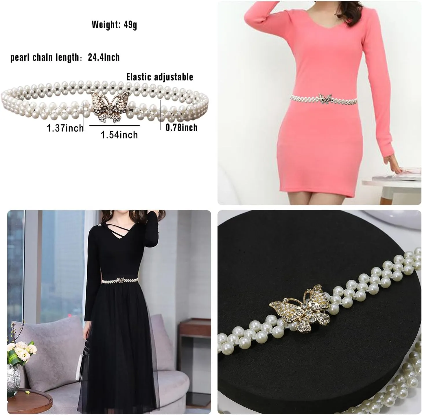 HSQYJ Pearl Elastic Chain Belt Adjustable Stretchy Metal Crystal Flower Buckle Waist Belt Western Body Jewelry for Women Girl
