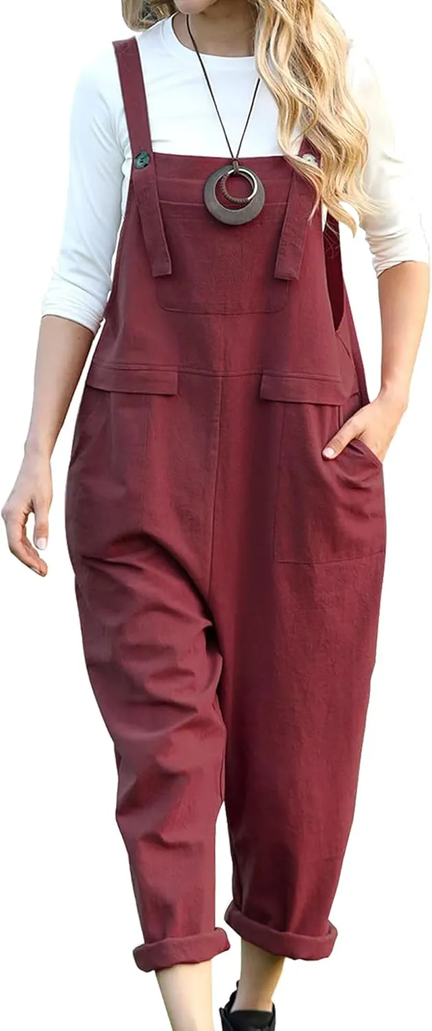 Jacansi Women Loose Overalls Casual Strap Sleeveless Plus Size Baggy Jumpsuit Dungarees Rompers Bib Pants with Pockets