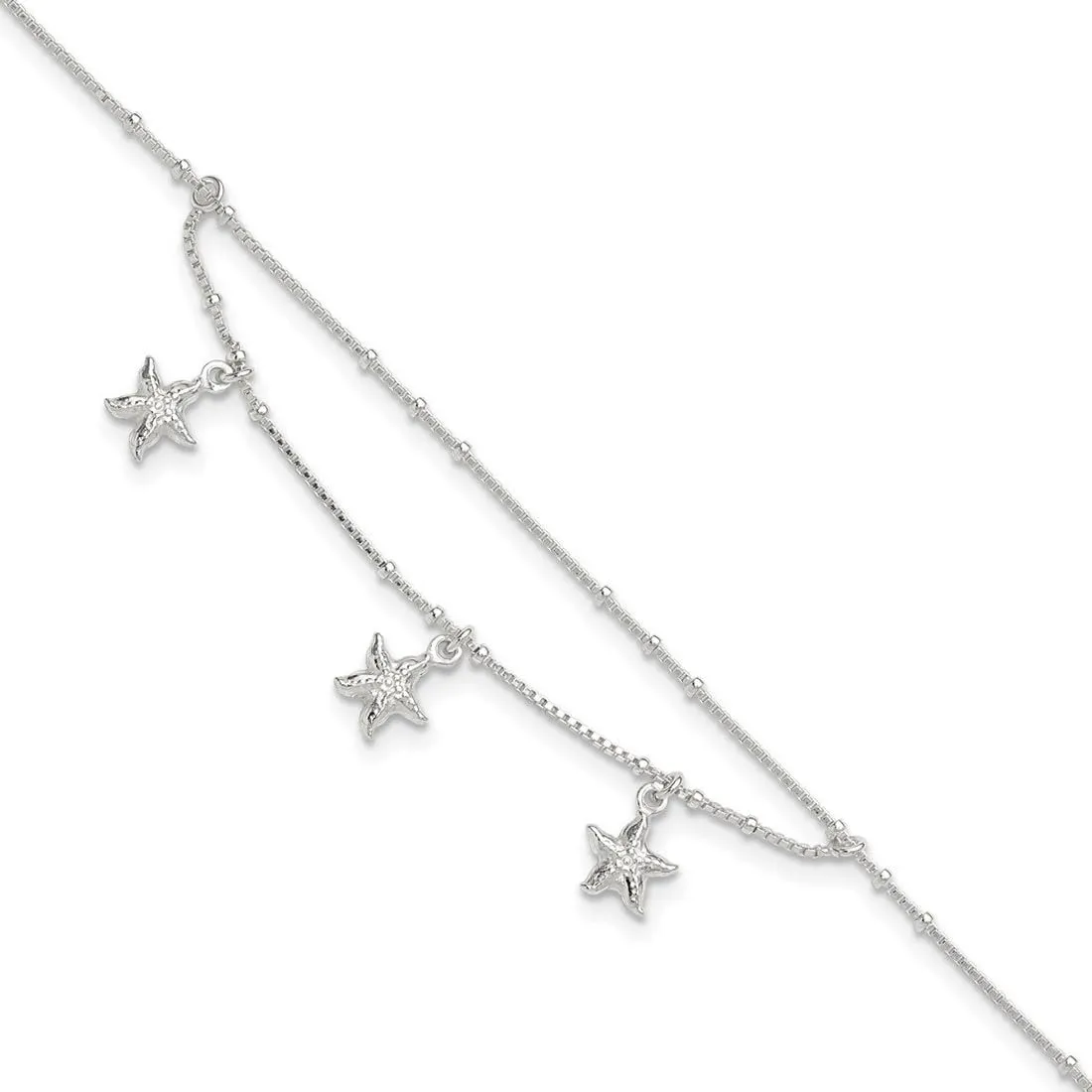 JewelryWeb 0.8mm 925 Sterling Silver Polished 2 strand Sea shell Nautical Starfish With 1in Ext Anklet 9 Inch-Anklet for Women